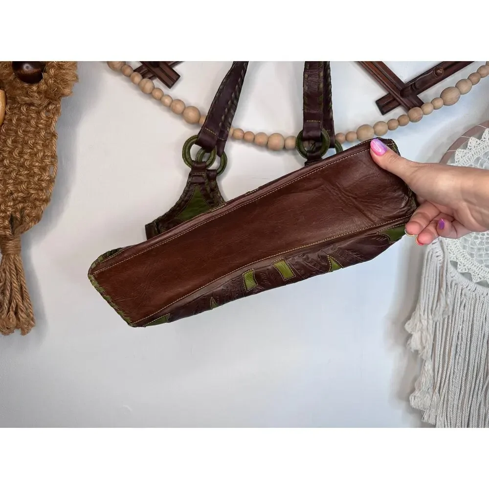 Leaders in Leather Brown Green Tooled Shoulder Bag